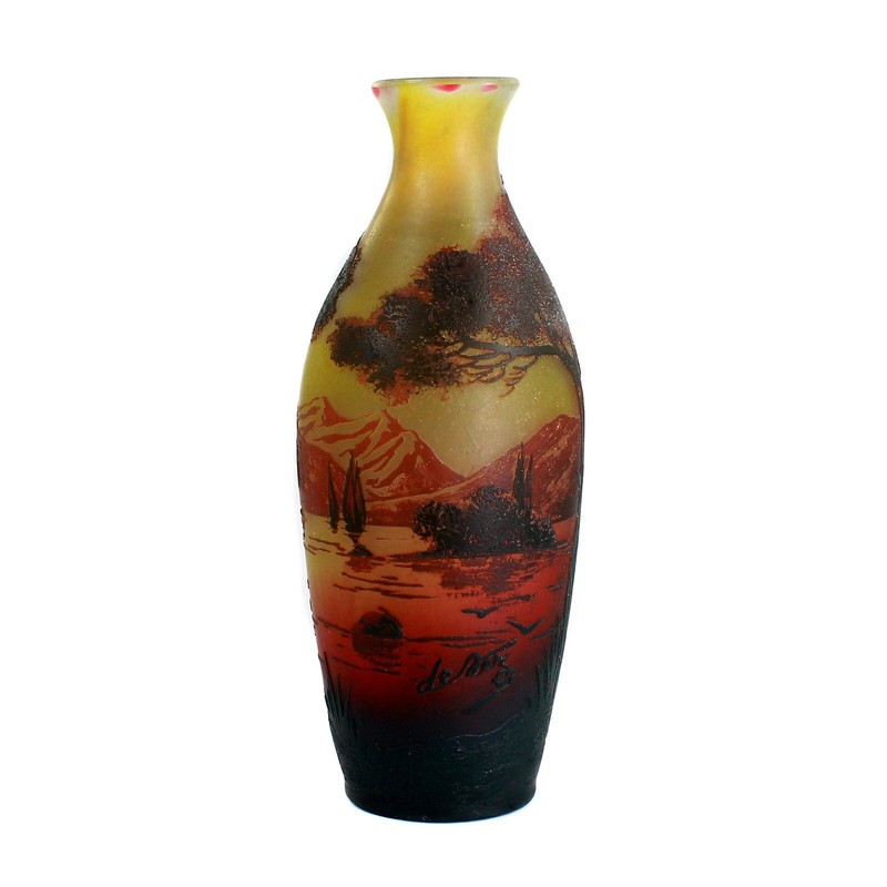 Vase Mit Seelandschaft, Signiert Devez, Cristallerie De Pantin Um 1908-1914