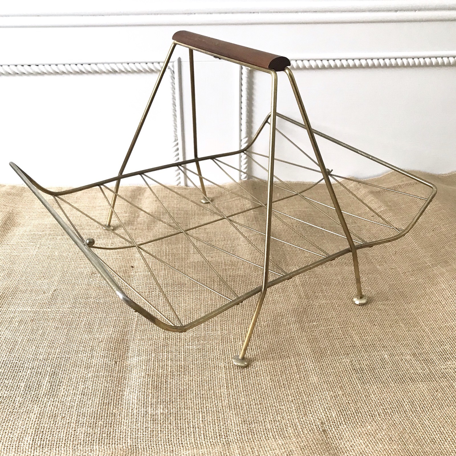 Vintage Mid Century Brass Metal LP Record Holder Magazine Rack Wood Handle