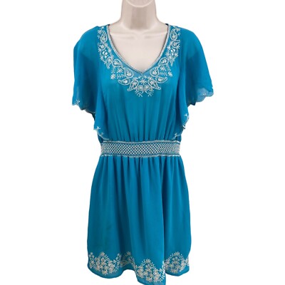 Womens Flowy Dress Turquoise Size Medium Lined Skirt Rouching Waist Double Zero