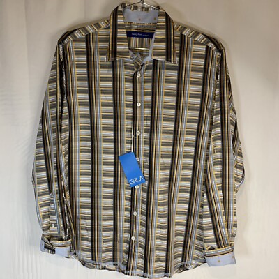 Georg Roth Large Mens Button Front Flip Cuff Striped Long Sleeved Collared Shirt