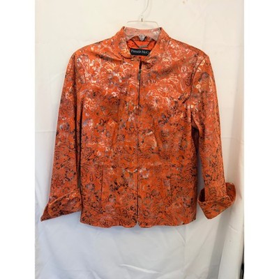 Pamela McCoy Couture Orange Leather Paisley Metallic Gold Silver Jacket Womens M