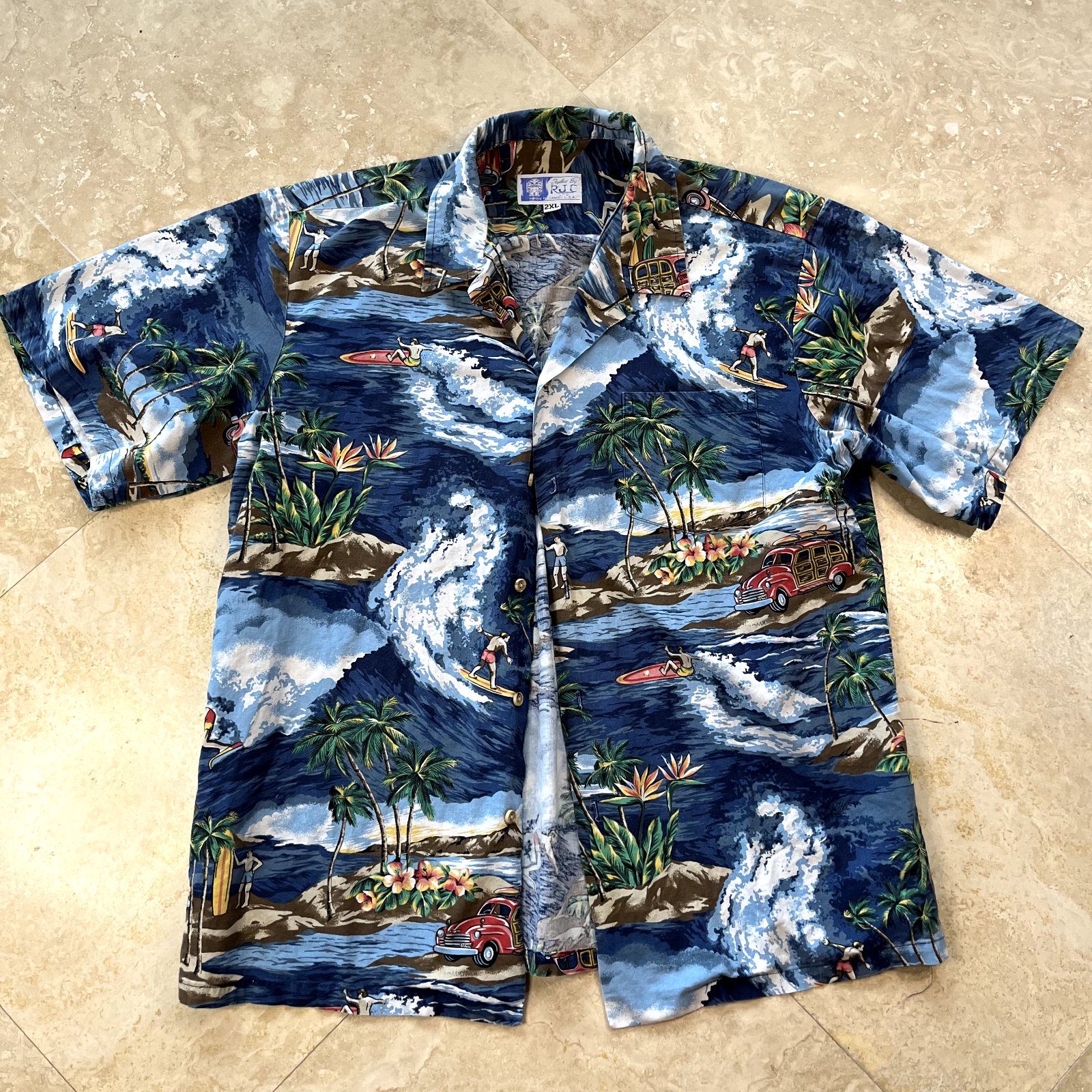 RJC Hawaiian Mens Shirt 2XL Blue Floral Cotton Islands Woodie Wagon Aloha USA