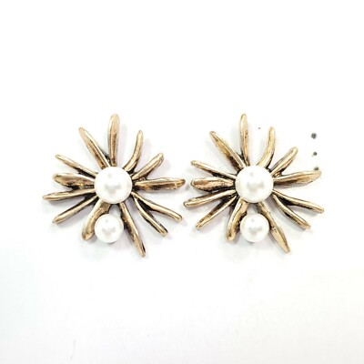 E0311 Antique Gold Tone Metal Pearl Accented Petal Sunflower Stud Post Earrings