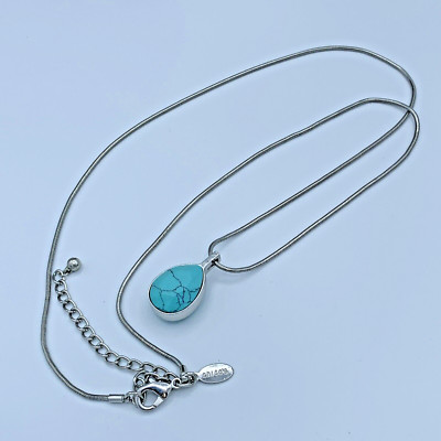 Chico s 34 Inch Long Silver Tone  Necklace W/ Turquoise Teardrop Pendant 3-355