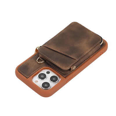 For iPhone 15 Pro Max 14 13 12 11 Zipper Pocket Leather Holder Crossbody Case