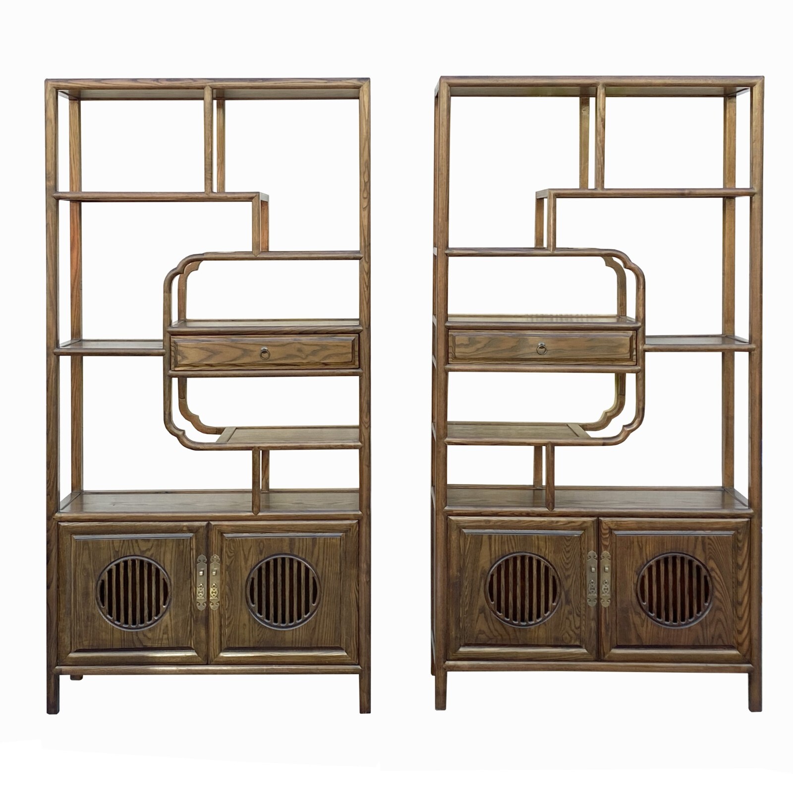 Pair Brown Stain Wood Shutter Doors Minimalist Treasure Display Cabinets cs7745S Pair Brown Stain Wood Shutter Doors Minimalist Treasure Display Cabinets cs7745S