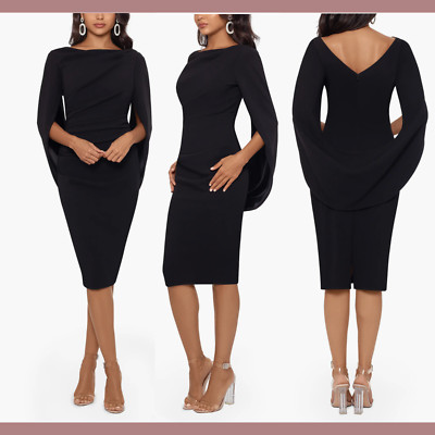 NWT $199 Betsy & Adam [ 8 ] Cape Sleeve Crepe Sheath Dress  in Black #J488