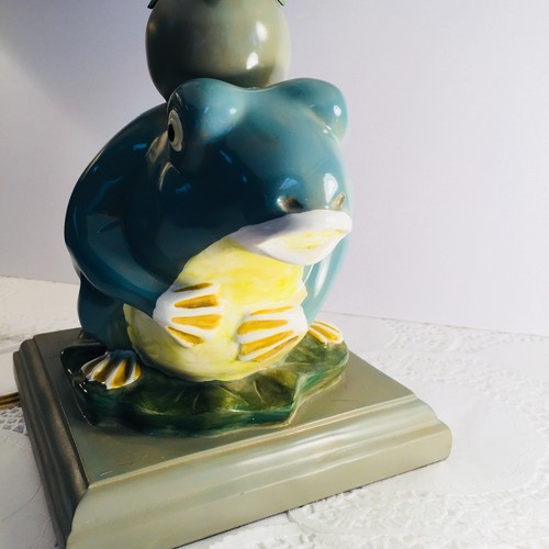 Unique Vintage Frog On Lily Pad Lamp With Old Fabric Shade Great Shape