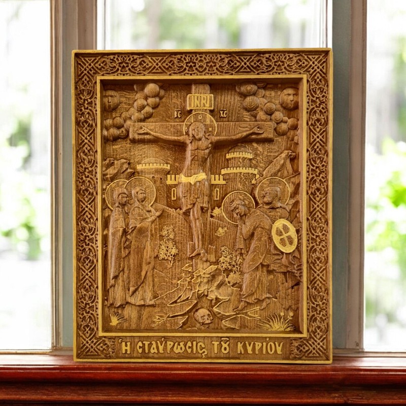 Crucifixion of Jesus Christ Wood Carved Handmade Byzantine Greek Christian Icon