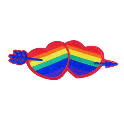 Iron On Patch Twin Hearts Bright Rainbow with Arrow 4.7cm x 13.5cm Badge P088