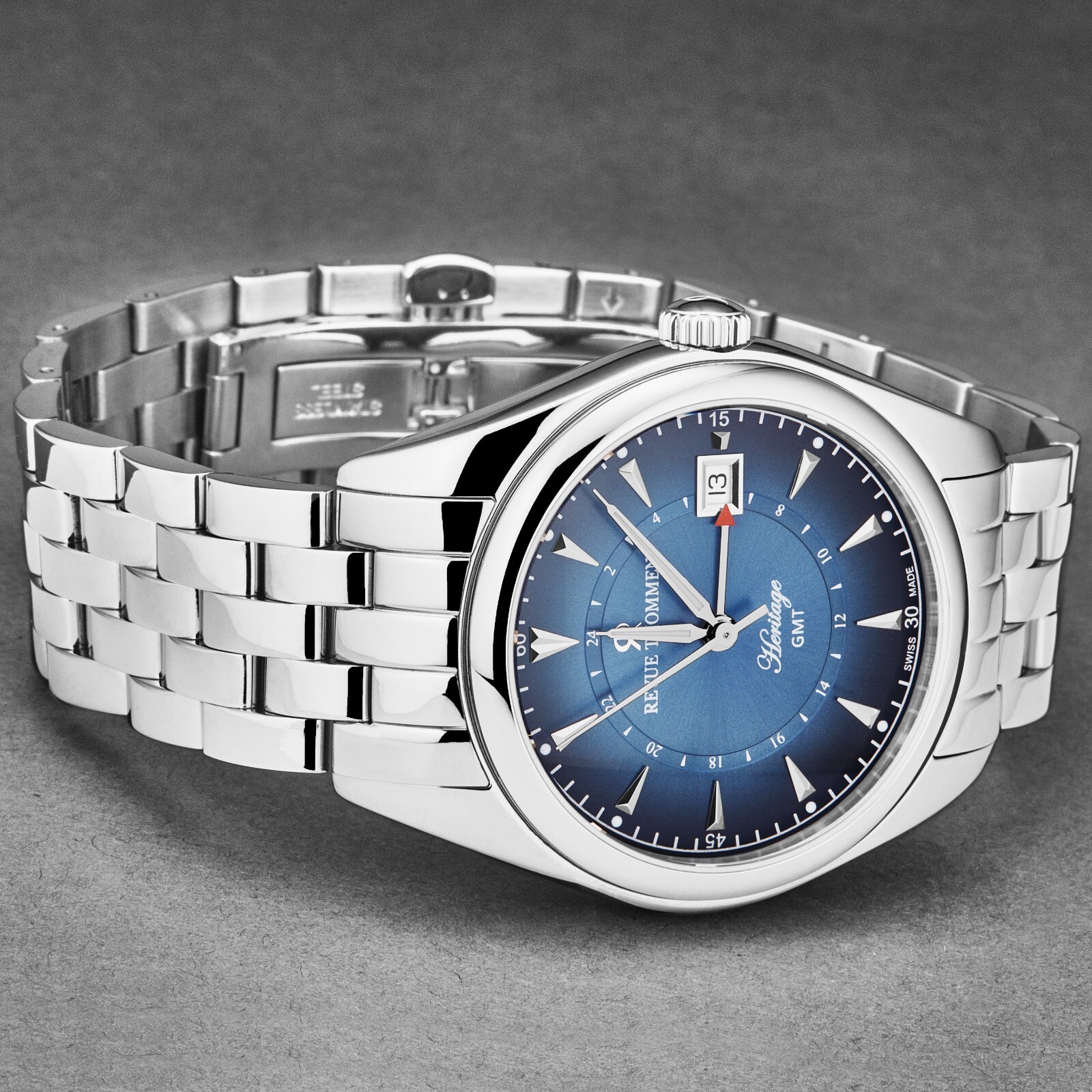 Pre-owned Revue Thommen Mens Heritage Gmt Blue Dial Ss Bracelet Swiss Automatic 21010.2335