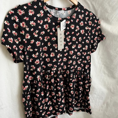 nwt baby doll floral shirt t tee black pink daisies short sleeve small gaze top