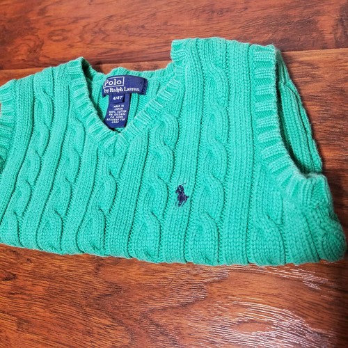 Polo Ralph Lauren Sweater Vest Boys 4T Green Cable Knit Cotton Blue Pony V-Neck