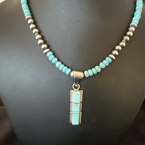 Pre-owned Handmade Blue Kingman Turquoise Inlay Pendant Navajo Sterling Silver Necklace 21” 16930