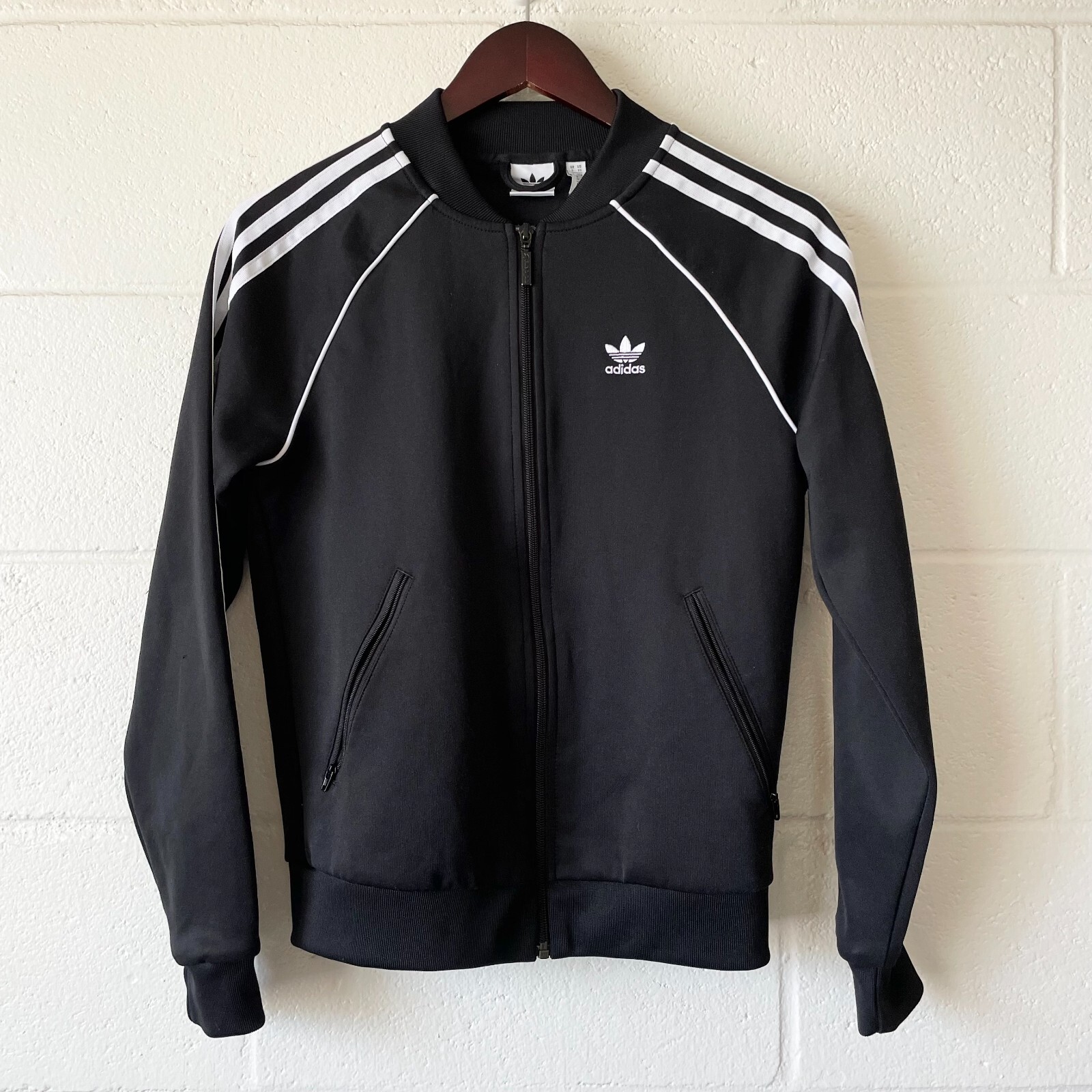 Adidas Logo Black 3 Stripe Long Sleeve Zip Up Athletic Track