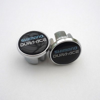 Vintage Style Shimano, Dura Ace on Black, Chrome Racing Bar Plugs, Caps, Repro