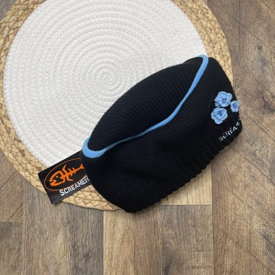 Screamer Black Fleece Lined Hat Blue Crochet Flower NEW w TAGS Womens OS