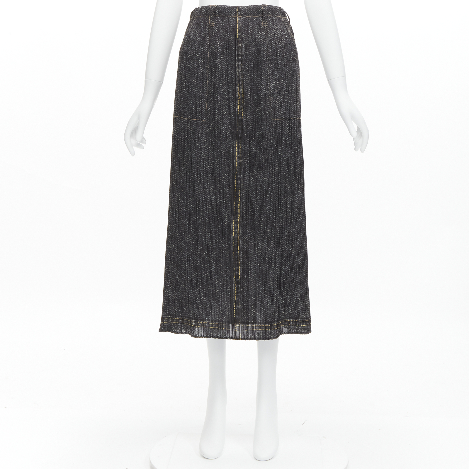 ISSEY MIYAKE PLEATS PLEASE yellow overstitched blue denim ISSEY MIYAKE PLEATS PLEASE yellow overstitched blue denim