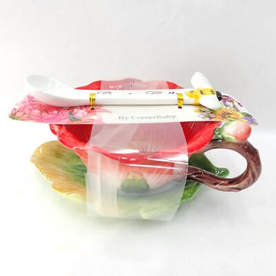 Corner Ruby Teacup Garden Collection Rose 3 Pc Set Leaf Saucer & Bee Spoon