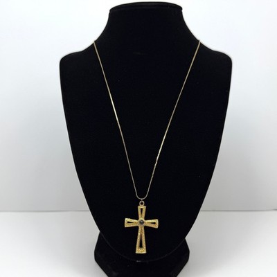 Vintage Cross Pendant Necklace Clear Looking Stone With Lords Pray Jewelry