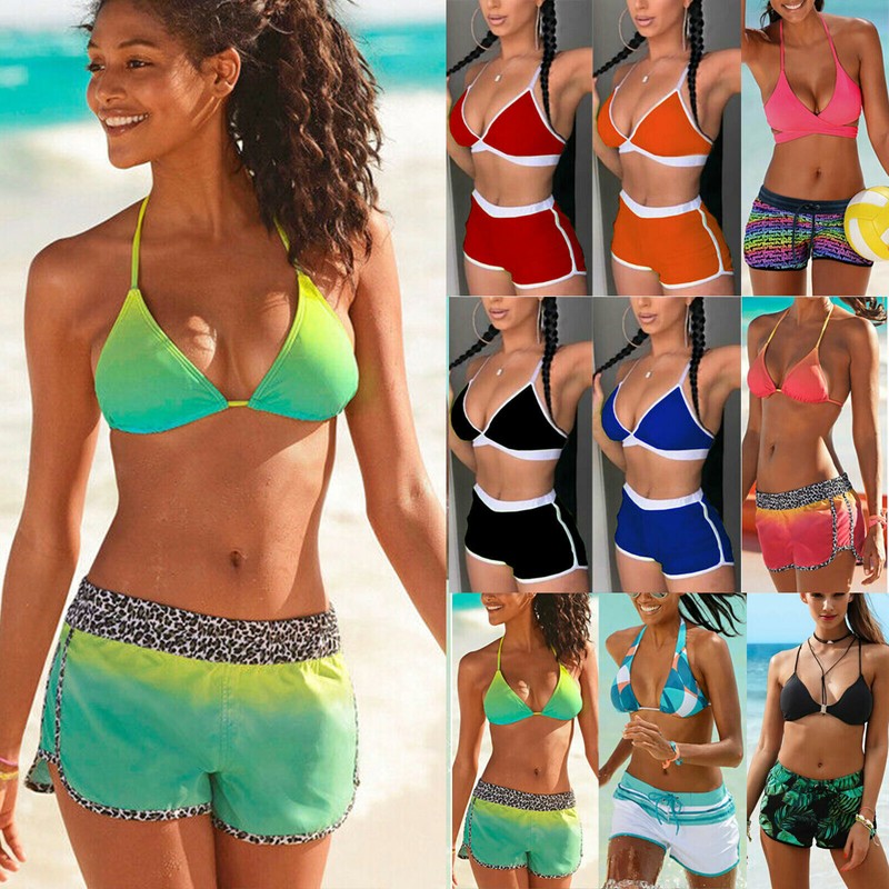 Damen Push Up Strand Bikini Set Bademode Sport Gepolstert Boxershorts Badeanzug