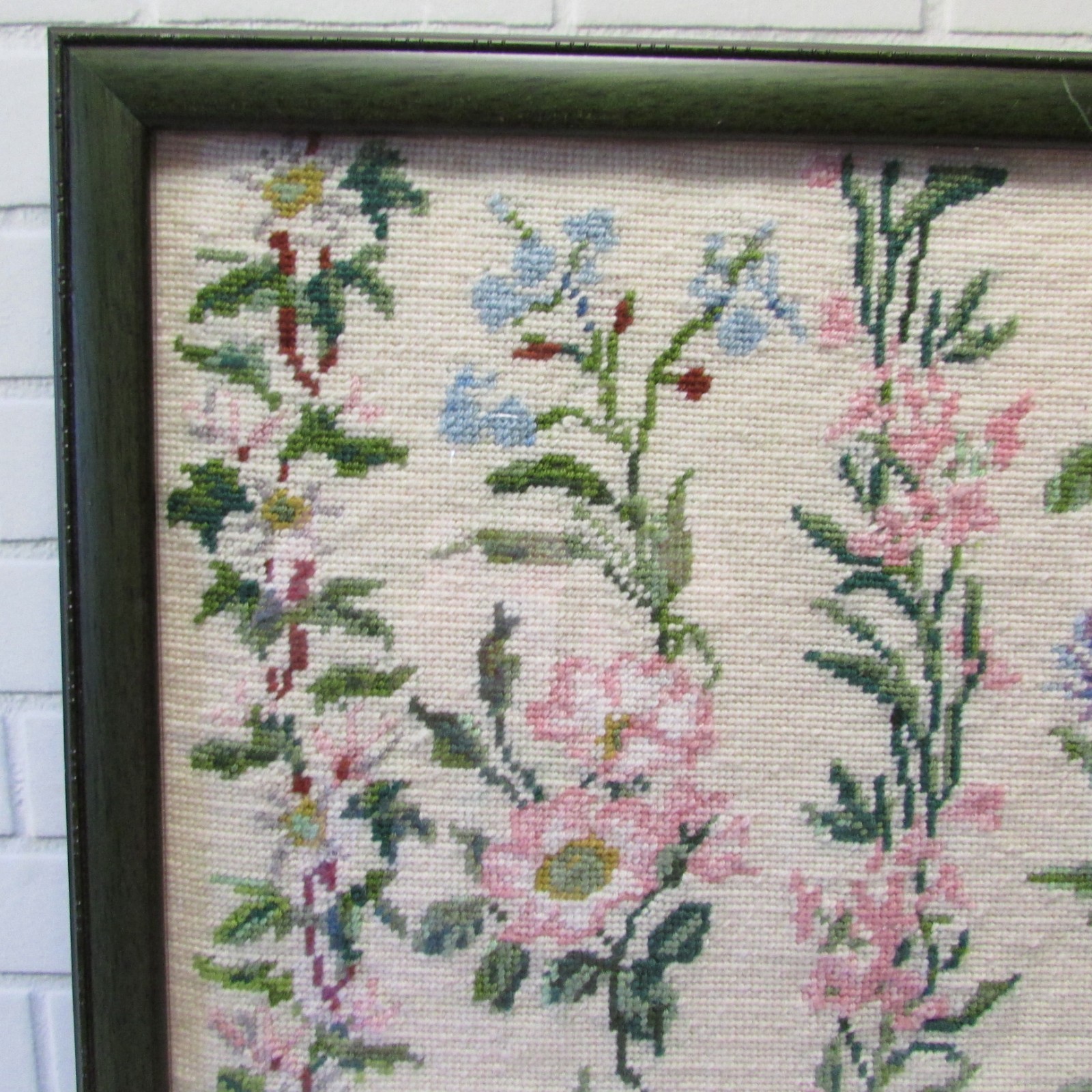 Finished Needlepoint Spring Flowers Green Frame Glass Floral Wall Hanging