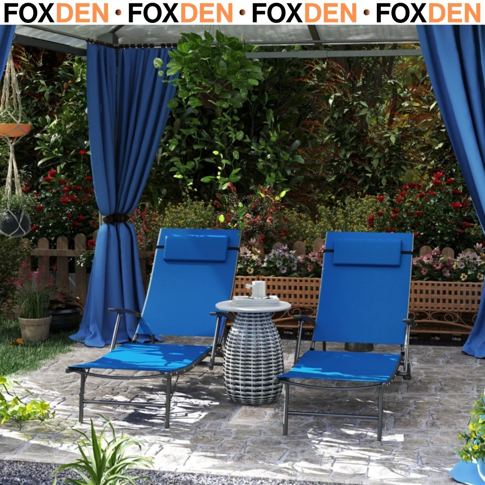 Set of Two Adjustable Back Sun Loungers Outdoor Chaise Lounge For Garden Blue