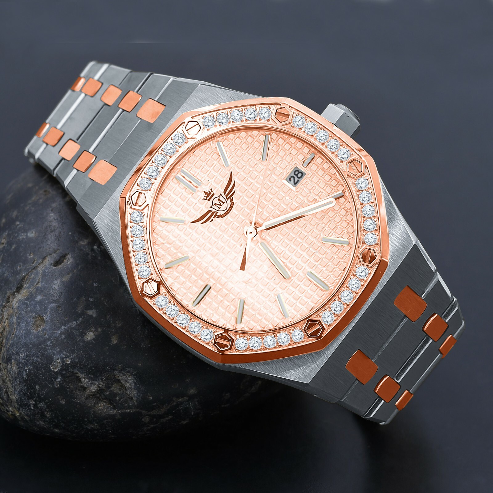 Pre-owned Bling Master Men's Full Steel 2 Tone Rose Gold Finish W/date Simulated Diamond 42mm Watch
