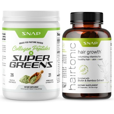 Organic Super Greens Collagen Peptides Powder + Women Hair Growth Pills Bundle