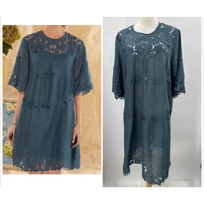 Sundance Orion Blue Anella Mini Dress Size large Boho Lightweight , Lace Dress
