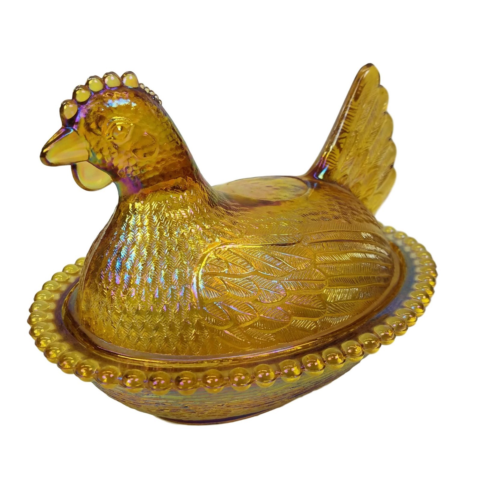 Vtg Indiana Iridescent AMBER Carnival Glass HEN Chicken Covered Candy Dish 7