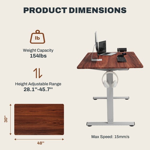 Adjustable Standing Desk with Built-In Cable Management and Hook, Grey Frame