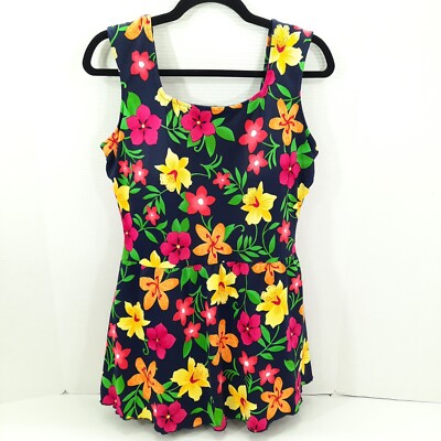 Amoena Bathing Suit Size 16 Swim Dress Mastectomy Pockets Floral Vintage 90s