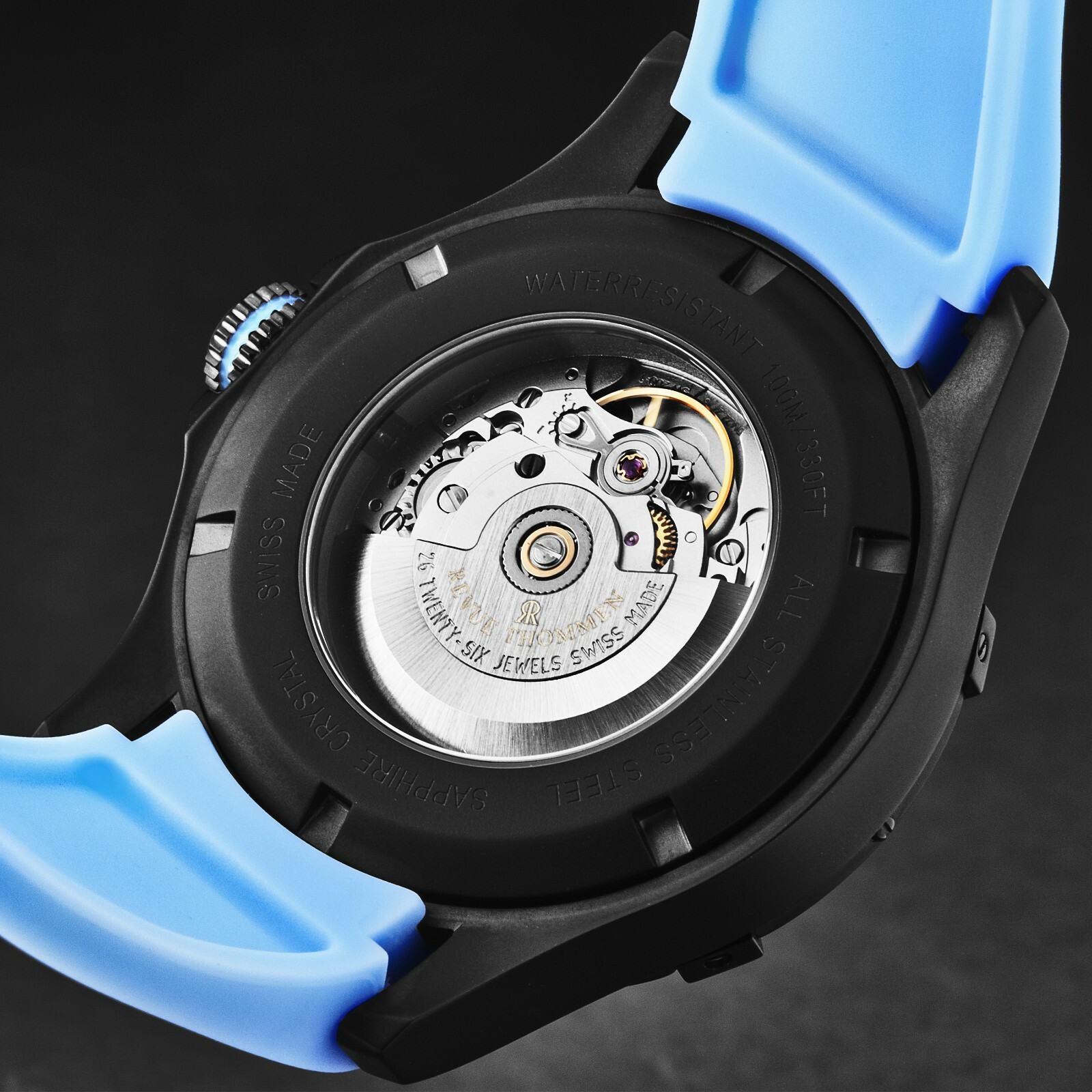 Pre-owned Revue Thommen Mens Air Speed Black Dial Blue Rubber Strap Automatic 16070.4775