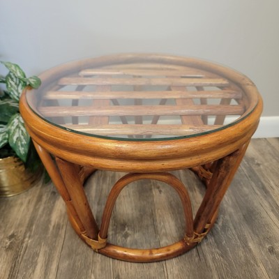 Vintage Round Bamboo Bentwood Ottoman/ Footstool Or Plant Stand With Glass Top