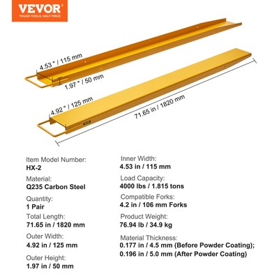 VEVOR Pallet Fork Extensions Forklift Extensions 72" x 4.5" Heavy Duty Steel