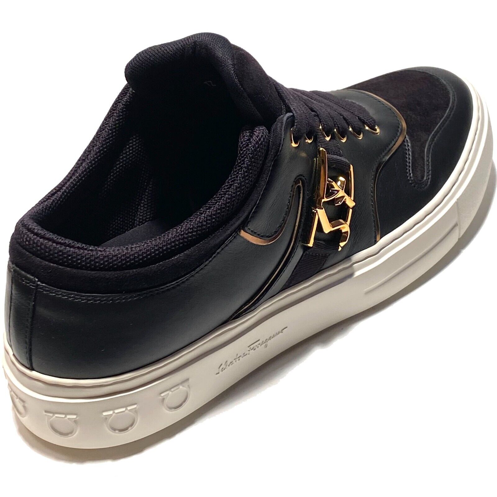 Pre-owned Ferragamo Noris Black Leather Suede Men's Low-top Sneakers Lace-up Luxury Shoes