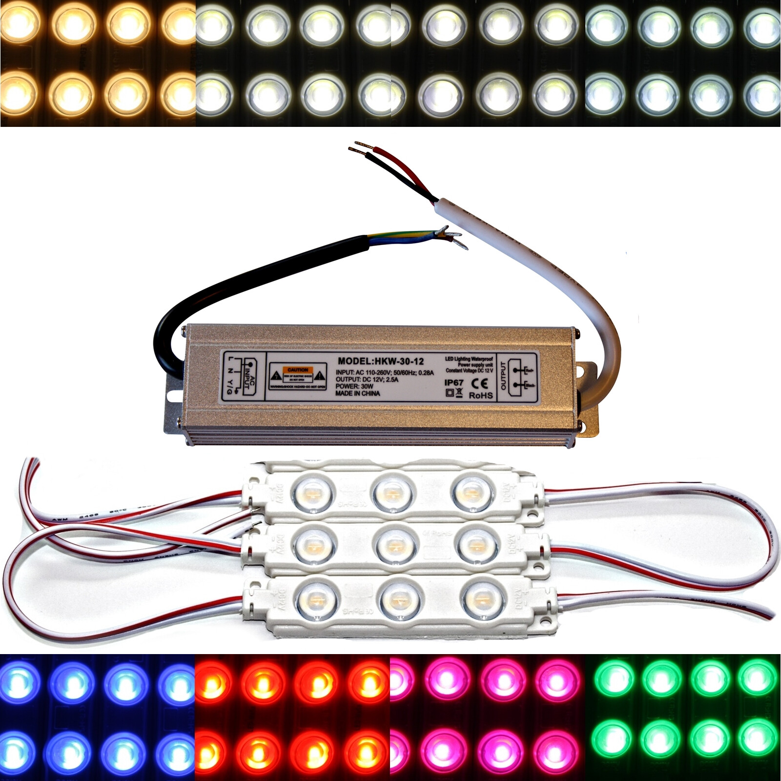 LED Module + Netzteil – Warmweiß 12V Für Beleuchtung Von Modellen, Werbung & Mehr (20 Stück)