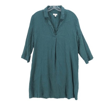 GARNET HILL Teal 100% Linen Collared Popover Dress Pockets Size 10