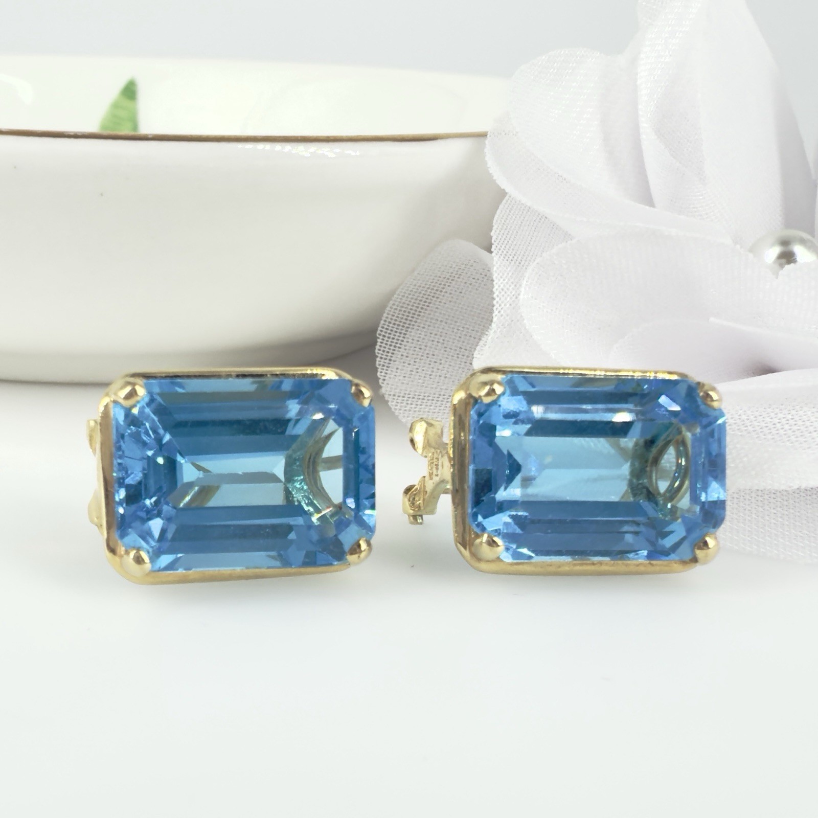14k Yellow Gold Swiss Blue Topaz Omega Back Earrings, Preowned - Picture 8 of 12