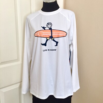 Life Is Good Surf L/S Tee Sun Shirt Surfboard Mens Medium White UPF 50 New