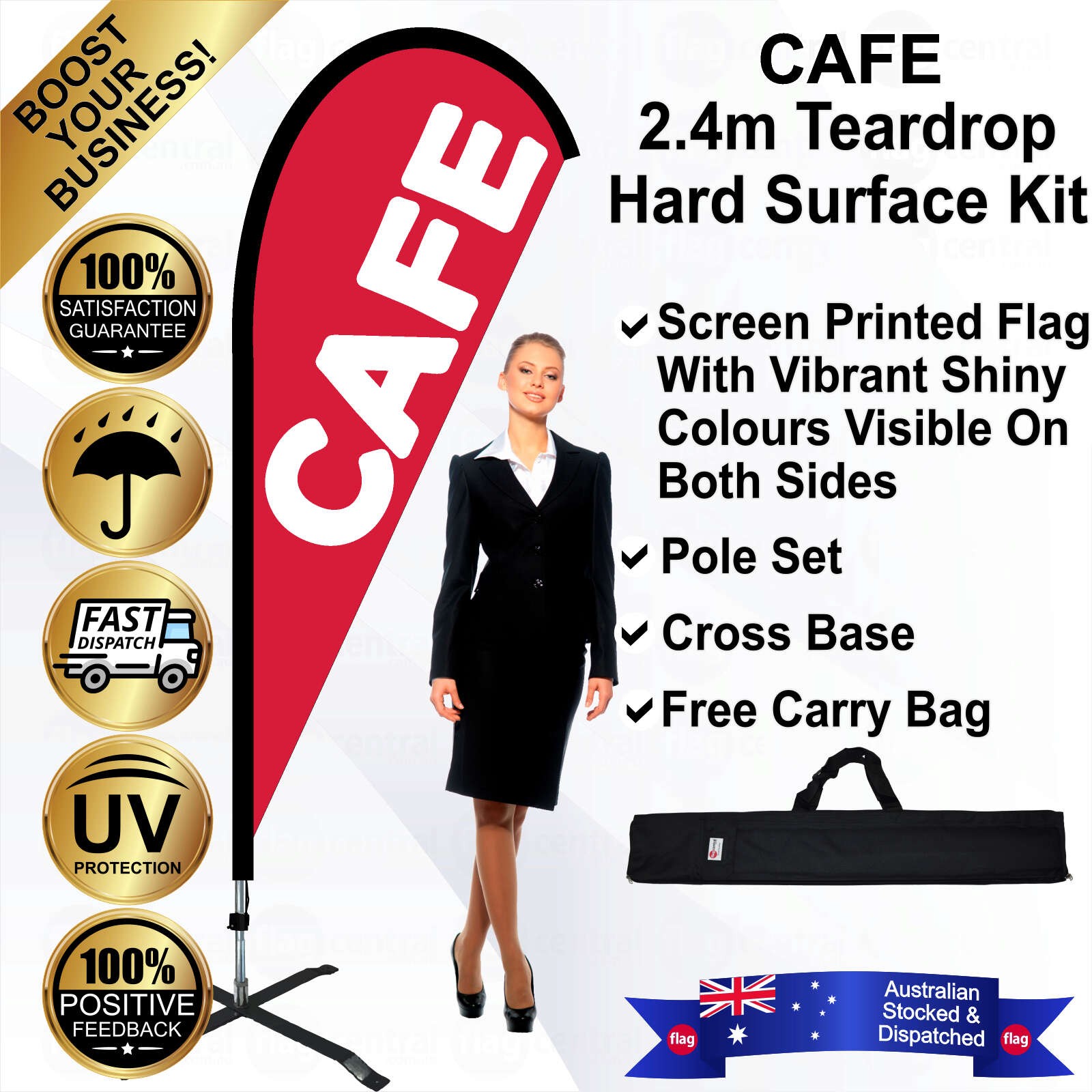 CAFE Red 2.4m Teardrop Flag / Banner Kit with Pole Set, Steel Outdoor Cross Base and a Free Carry Bag