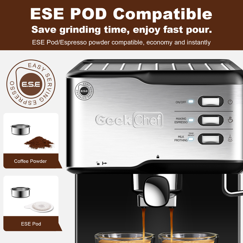 Geek Chef 20 Bar Espresso Machine Professional Coffee Maker - ESE POD Compatible