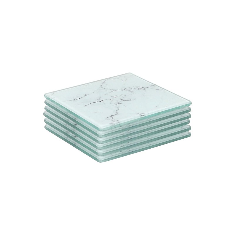 6x Square Glass Coasters Marble Coffee Table Tea Cup Drinks Coaster Mat Set
