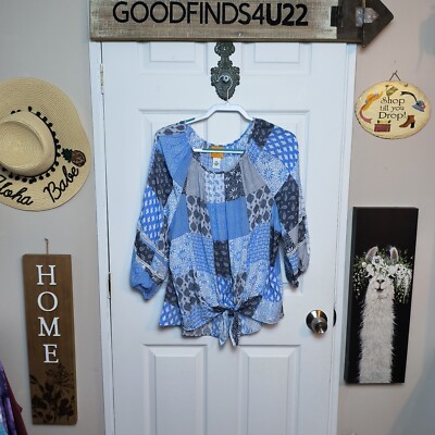Ruby Road Blue Patchwork Scoop Neck Cottagecore Blouse XL Lightweight Tie Front