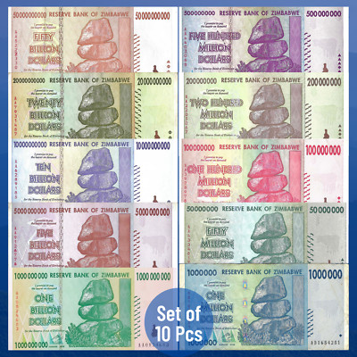 ZIMBABWE Set 10 Pcs 1 50 100 200 500 Million & 1 5 10 20 50 Billion Dollars 2008