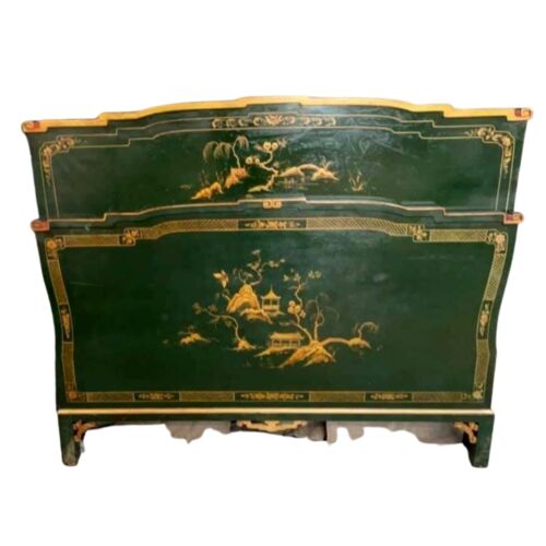 Antique Chinoiserie Bed, Lacquered & Paint Decorated Bed, Aisan Theme, 1900