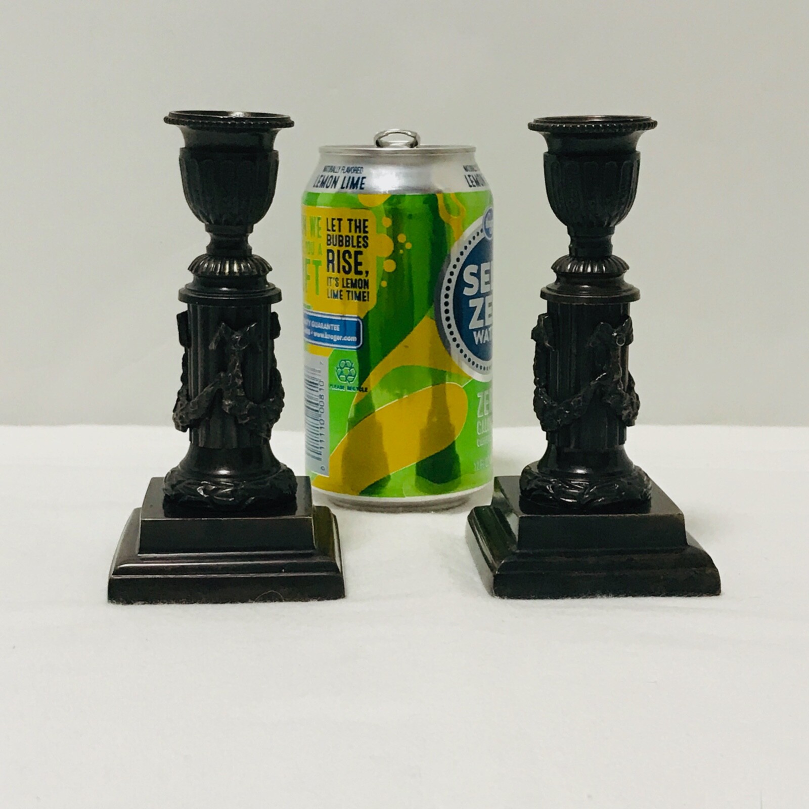 Pair of Painted Dark Bronze Color Brass Greco Roman Column Candle Stick Holders
