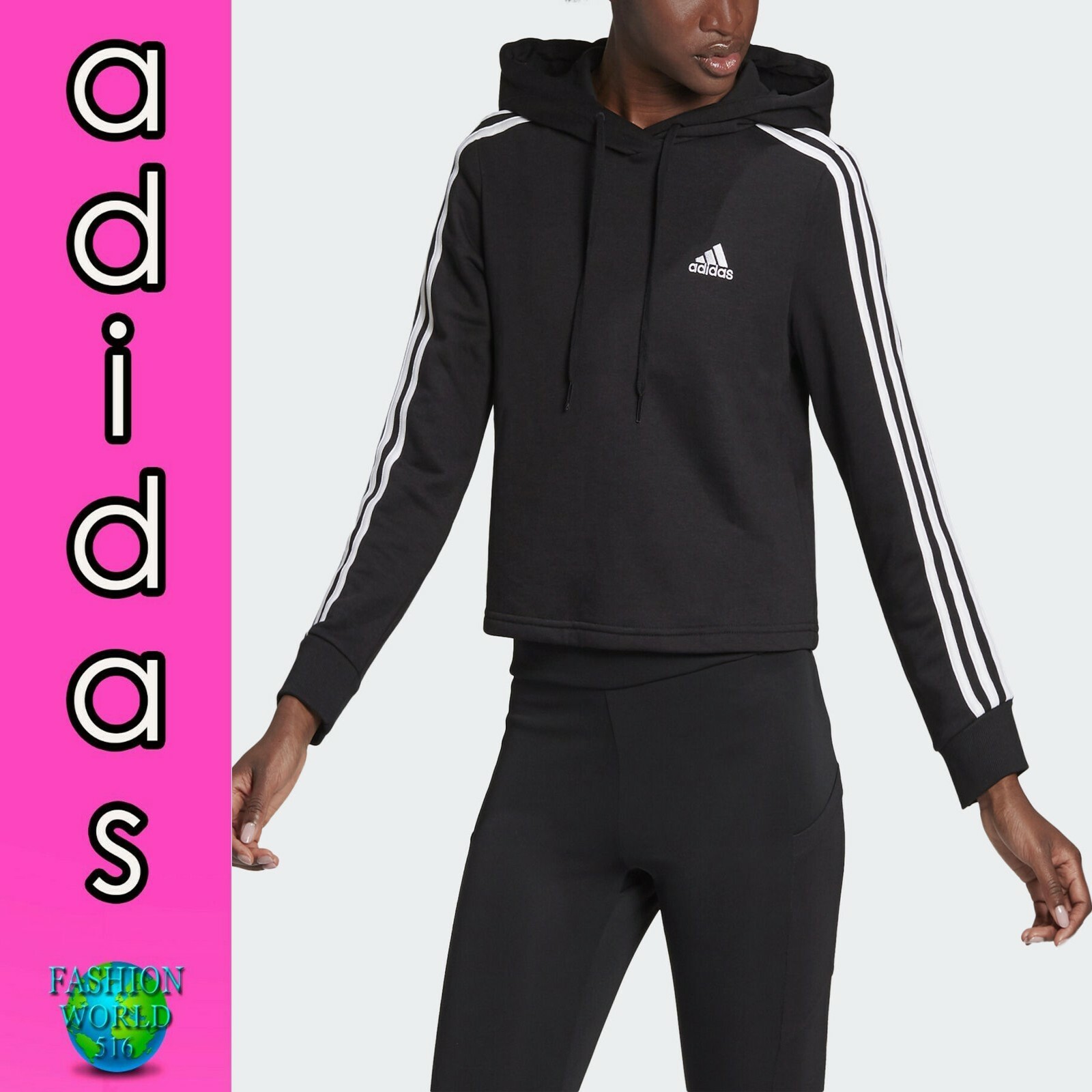 adidas 3 stripe hoodie womens black