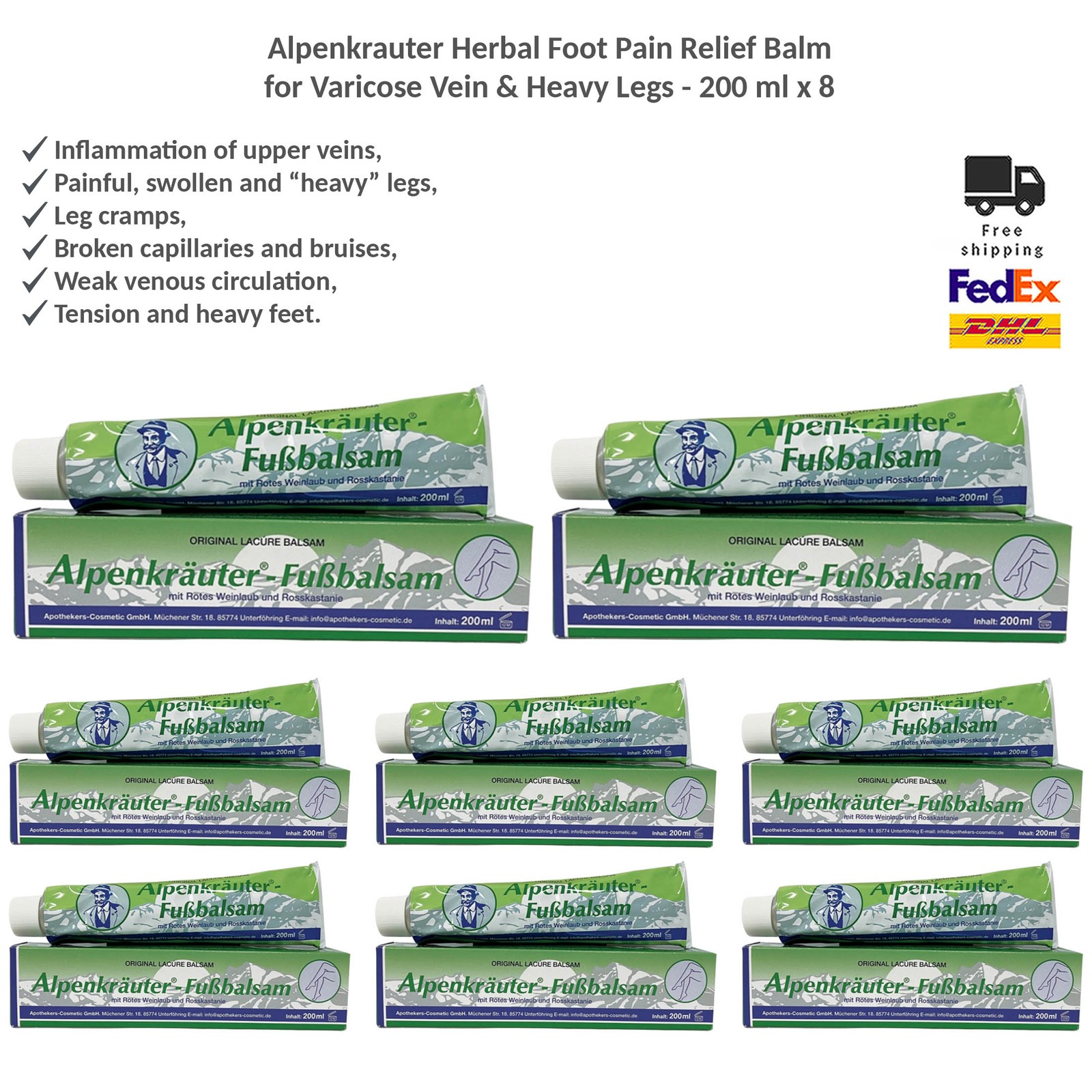 Alpenkrauter Herbal Foot Care Balm for Varicose Veins and Foot Pain Relief x8